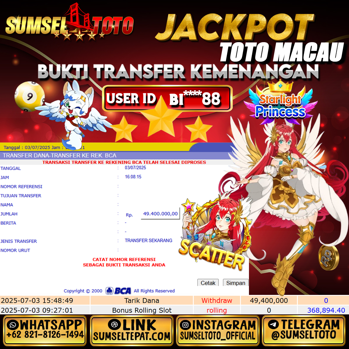SUMSELTOTO JACKPOT STARLIGHT PRINCESS  Rp.49,400,000., - LUNAS